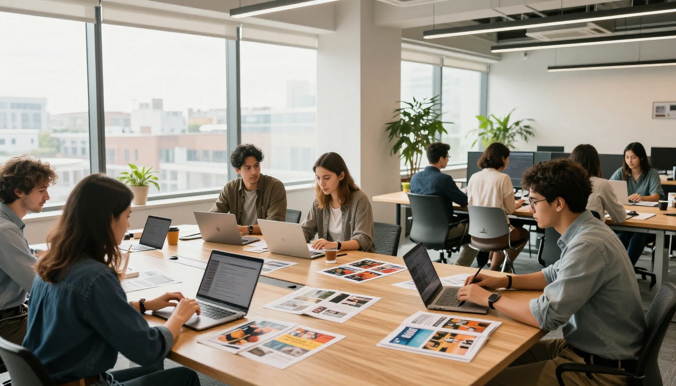 Creative agency team reviewing printed editorial magazine layouts on a conference table Creative agency team reviewing printed editorial magazine layouts on a conference table