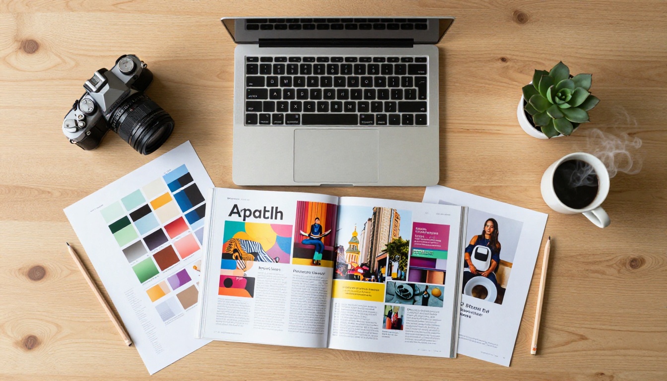 Overhead flat-lay of a creative workspace with a MacBook showing a magazine template, color swatches, and design tools Overhead flat-lay of a creative workspace with a MacBook showing a magazine template, color swatches, and design tools