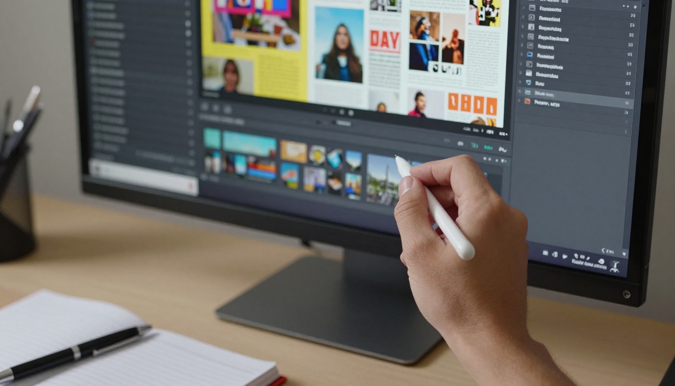 Desktop monitor showing magazine layout editor interface with columns and image placeholders Desktop monitor showing magazine layout editor interface with columns and image placeholders