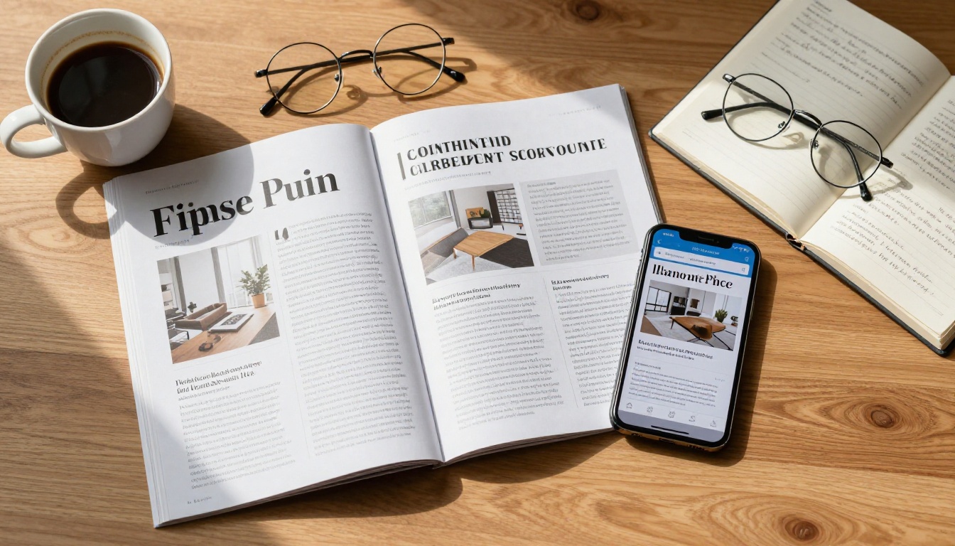 Aerial flat-lay of printed magazine spread beside smartphone showing digital flipbook version Aerial flat-lay of printed magazine spread beside smartphone showing digital flipbook version