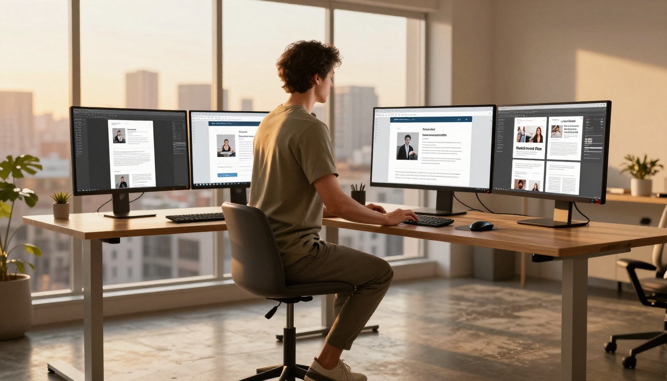 Content creator working at standing desk with multiple monitors showing blog and magazine layouts Content creator working at standing desk with multiple monitors showing blog and magazine layouts