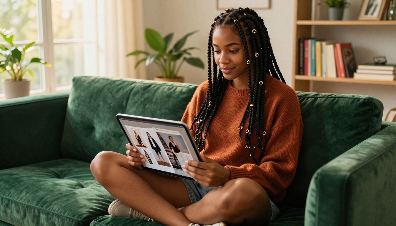 Content creator with box braids reading a digital fashion magazine on a tablet while relaxing on an emerald velvet sofa Content creator with box braids reading a digital fashion magazine on a tablet while relaxing on an emerald velvet sofa
