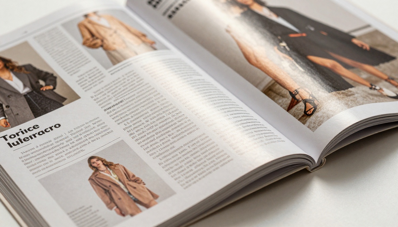 Close-up of a fashion editorial magazine spread open showing vivid printed photography and paper texture Close-up of a fashion editorial magazine spread open showing vivid printed photography and paper texture