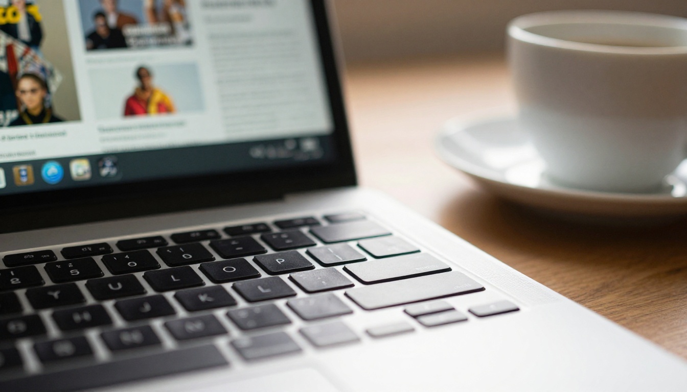 Extreme close-up of a laptop keyboard with a magazine design softly glowing on the screen in the background Extreme close-up of a laptop keyboard with a magazine design softly glowing on the screen in the background
