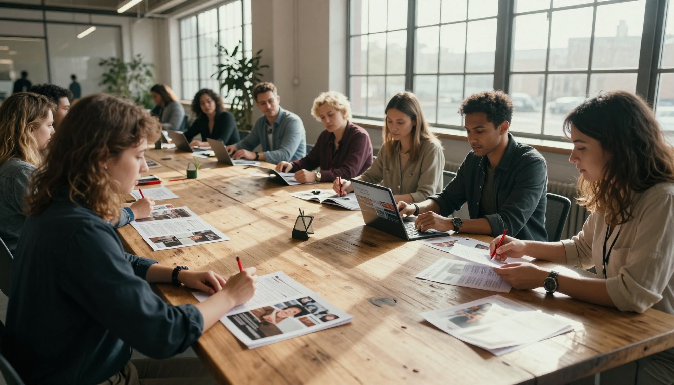Content marketing team reviewing printed magazine proofs and digital flipbook version in co-working space Content marketing team reviewing printed magazine proofs and digital flipbook version in co-working space