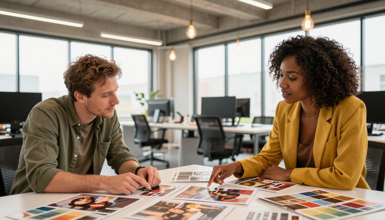 Two creative professionals collaborating over printed magazine mockups on a conference table in a modern agency office Two creative professionals collaborating over printed magazine mockups on a conference table in a modern agency office