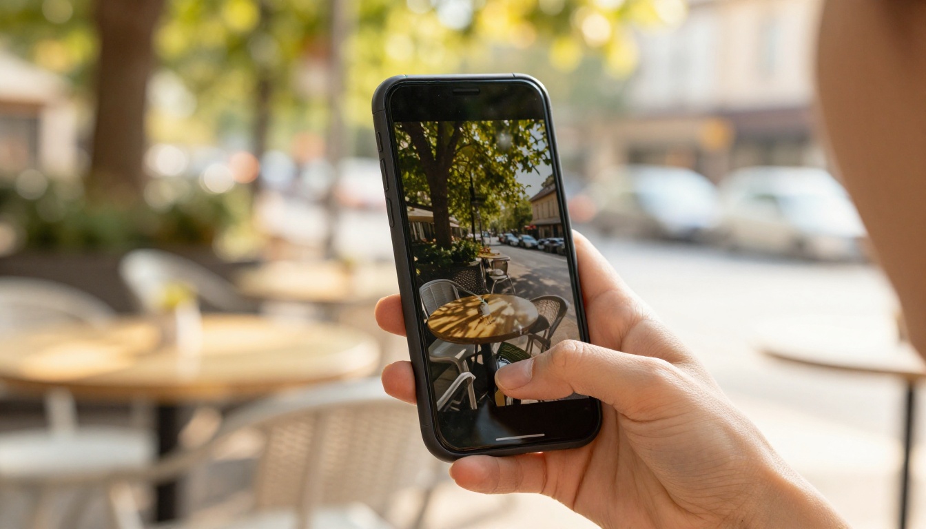 A woman's hand holding a smartphone displaying a vivid interactive magazine at a golden-hour outdoor cafe A woman's hand holding a smartphone displaying a vivid interactive magazine at a golden-hour outdoor cafe