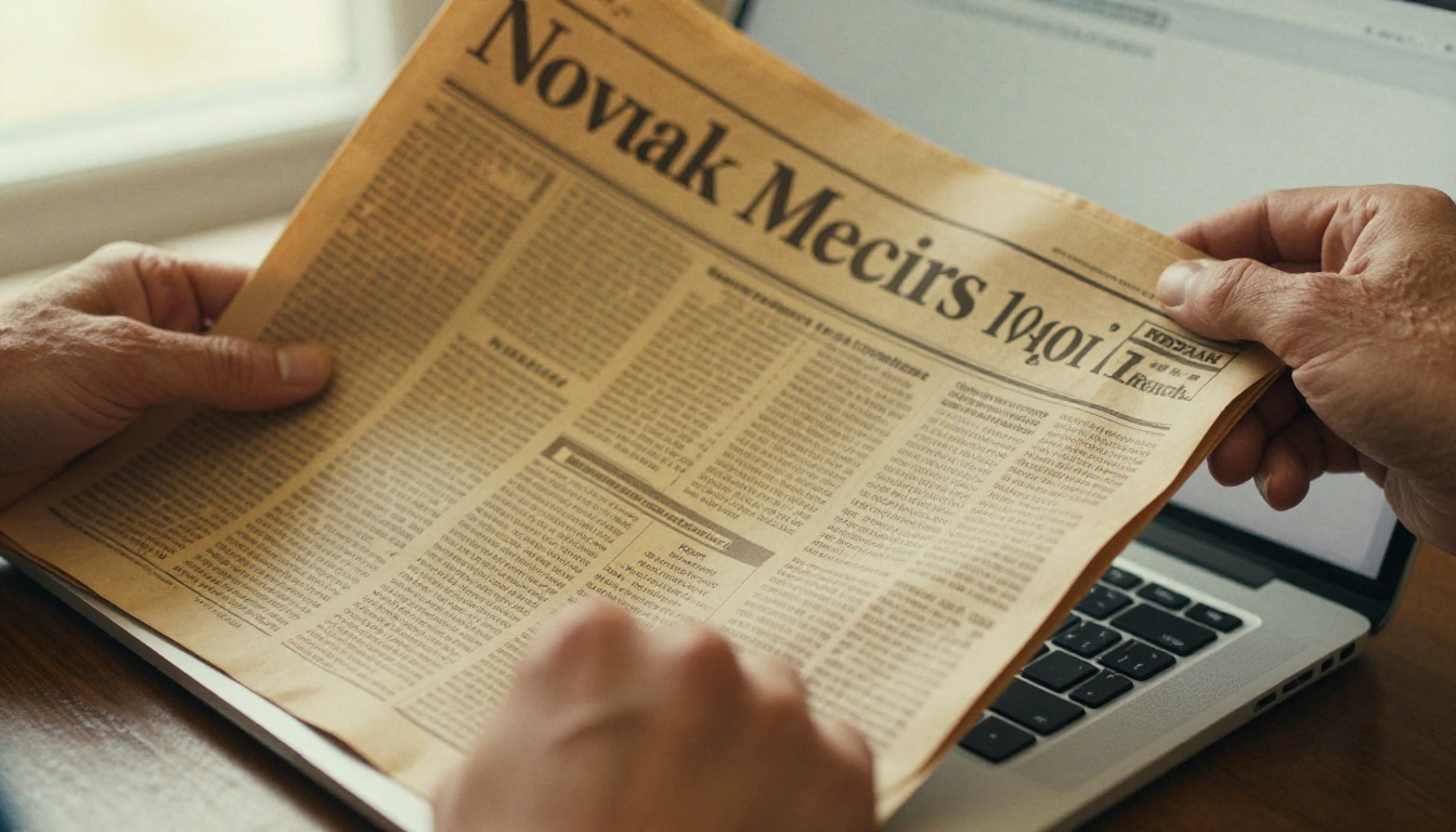 Journalist holding printed newspaper over laptop keyboard Journalist holding printed newspaper over laptop keyboard