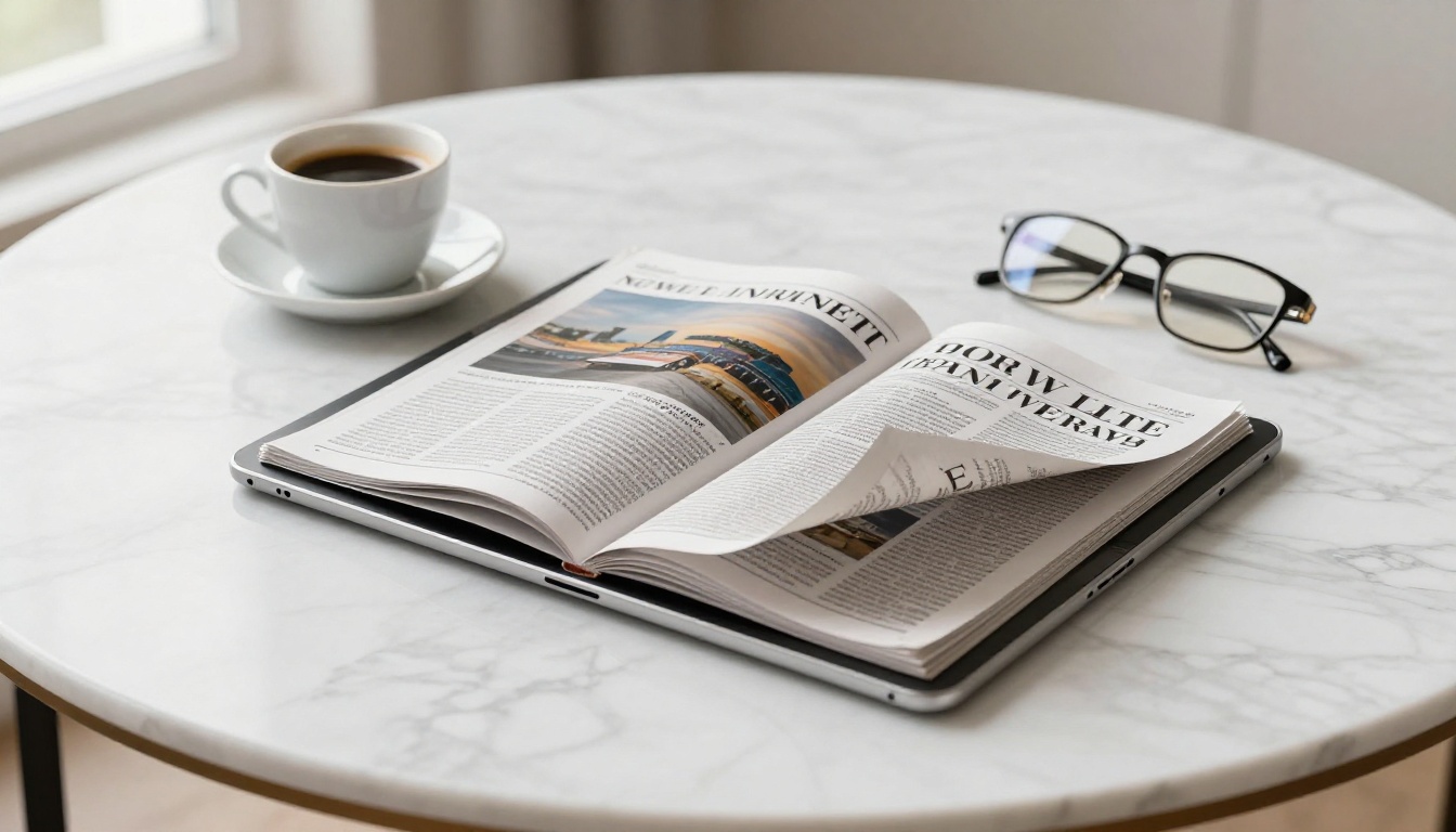 Tablet showing digital newspaper flipbook with page-turn animation on marble table Tablet showing digital newspaper flipbook with page-turn animation on marble table