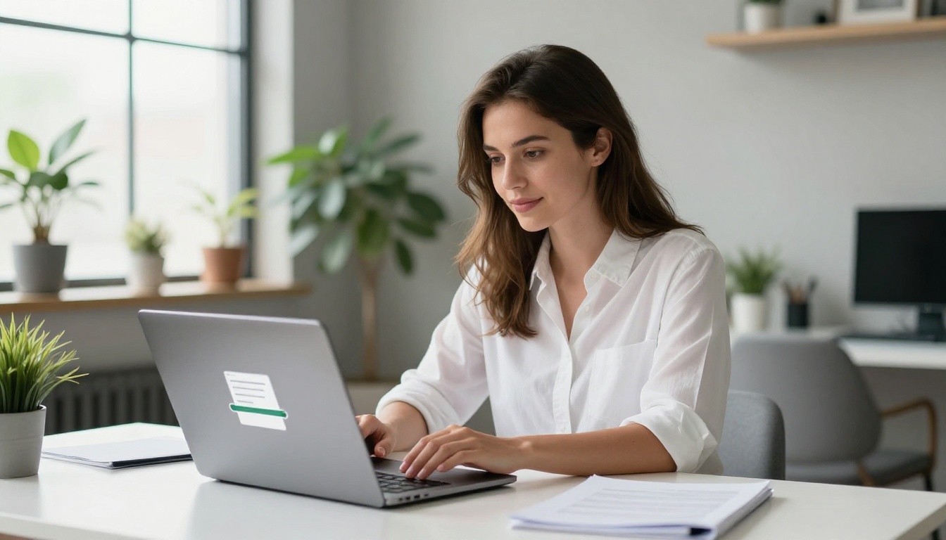 Woman uploading PDF document on laptop in modern home office Woman uploading PDF document on laptop in modern home office