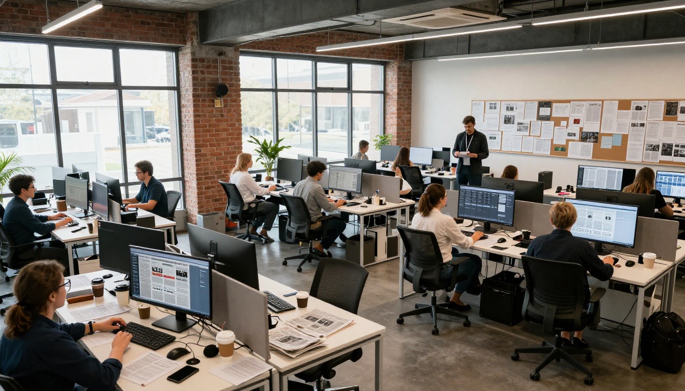 Newsroom editorial team working on digital newspaper layouts at standing desks Newsroom editorial team working on digital newspaper layouts at standing desks