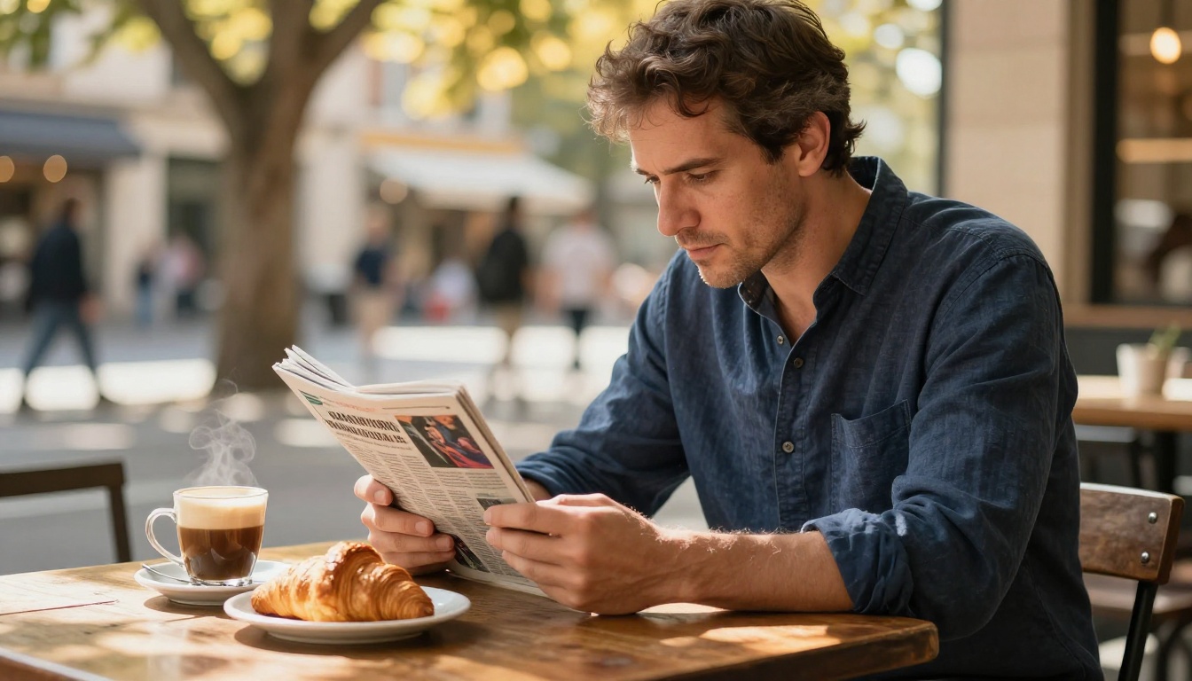Man reading digital newspaper on phone at outdoor cafe table Man reading digital newspaper on phone at outdoor cafe table