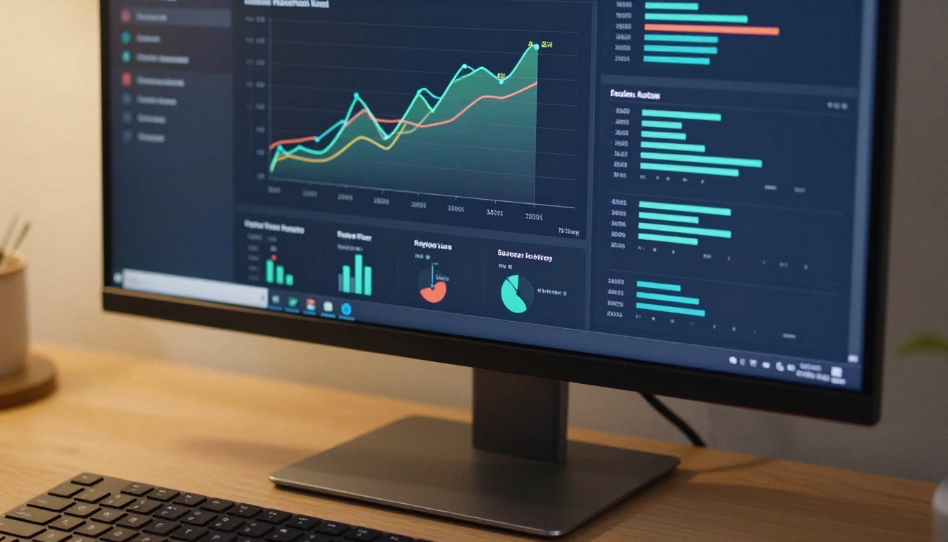 Analytics dashboard showing newspaper readership statistics on widescreen monitor Analytics dashboard showing newspaper readership statistics on widescreen monitor