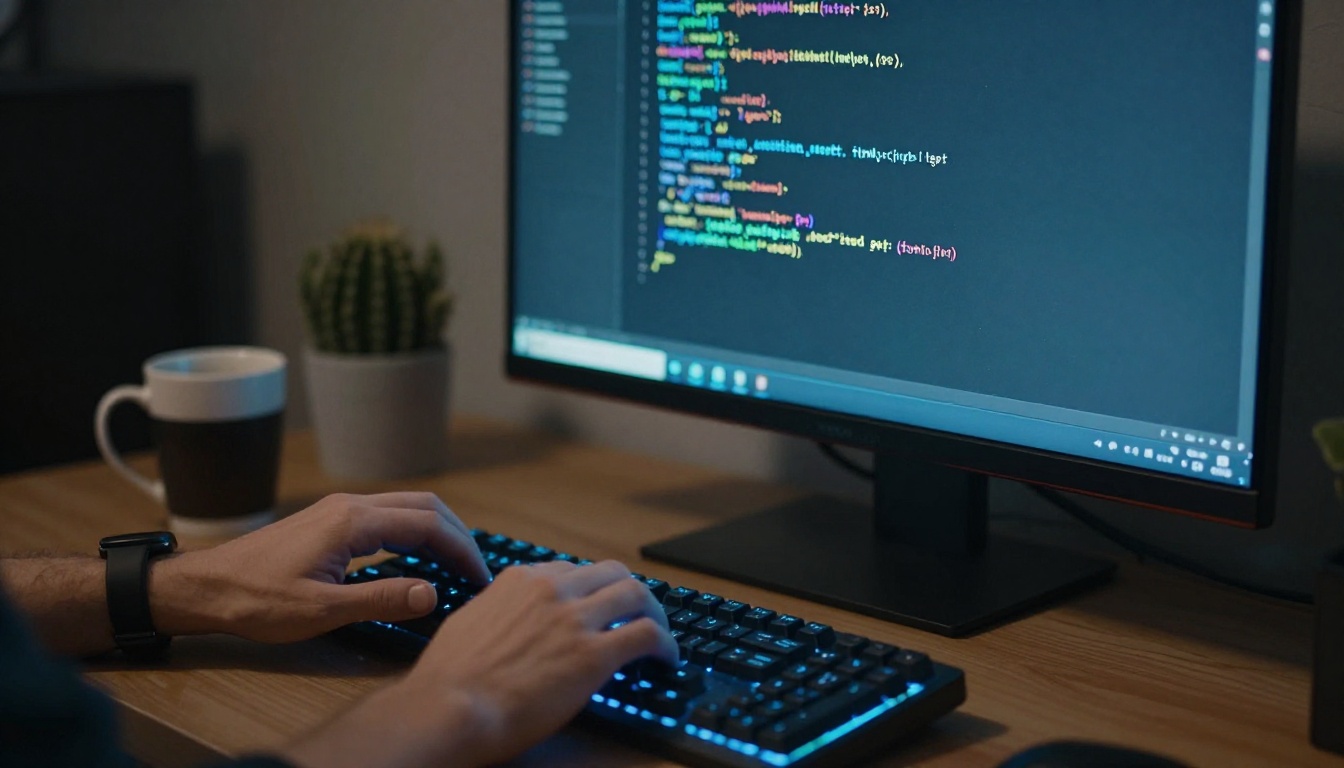 Developer hands typing HTML embed code for digital flipbook on mechanical keyboard Developer hands typing HTML embed code for digital flipbook on mechanical keyboard