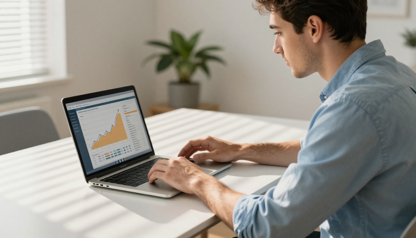 Digital publishing analytics showing growth trends on a laptop screen in a modern office