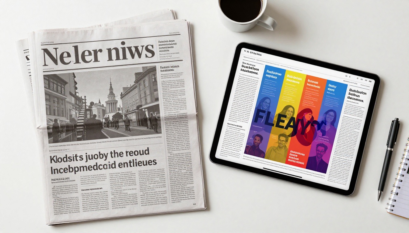 Print newspaper beside digital tablet showing same content in flat-lay overhead composition Print newspaper beside digital tablet showing same content in flat-lay overhead composition