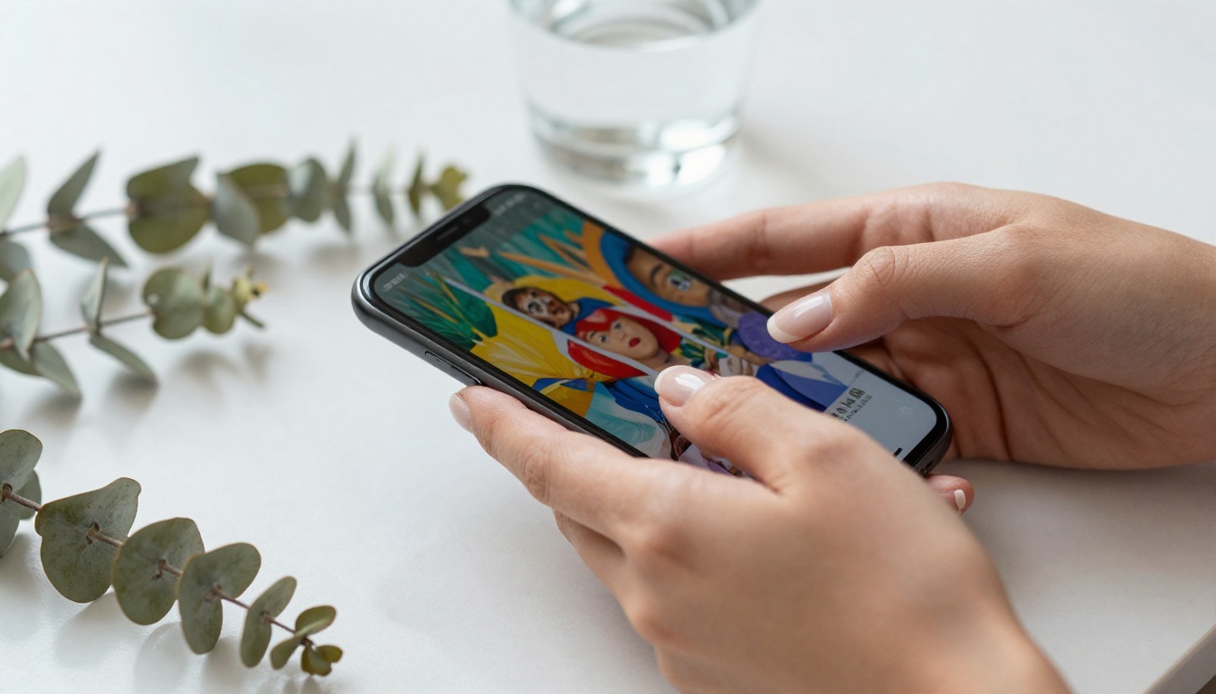 Close-up of hands holding a smartphone displaying a colorful digital magazine spread on a marble surface