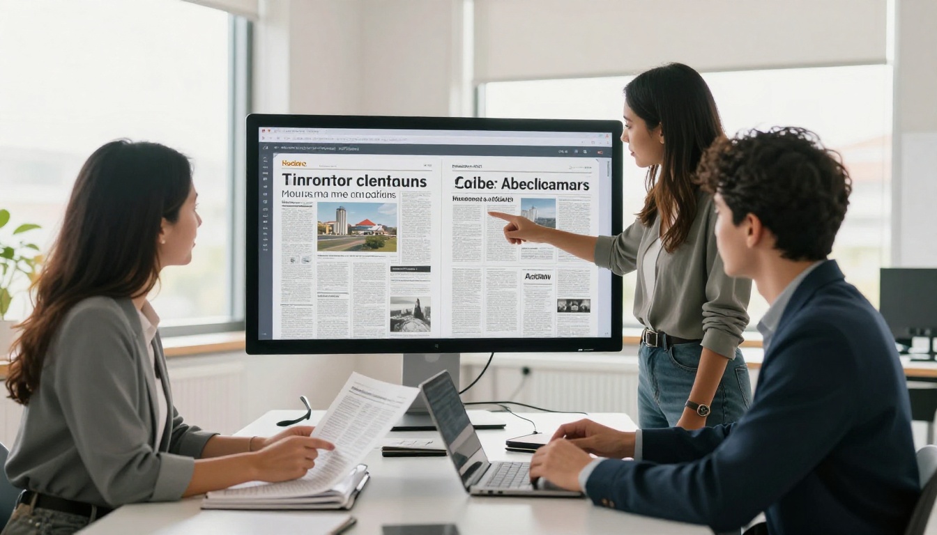 Diverse team of journalists collaborating on newspaper layout at curved monitor Diverse team of journalists collaborating on newspaper layout at curved monitor