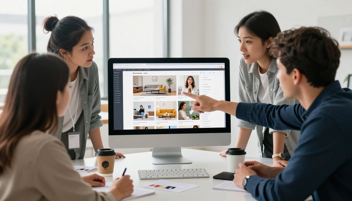 Marketing team collaborating around a monitor displaying a digital product catalog