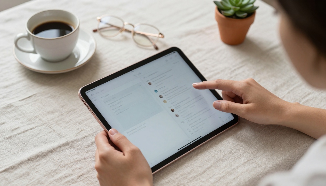 Aerial top-down view of hands browsing a digital publication on an iPad with coffee and reading glasses