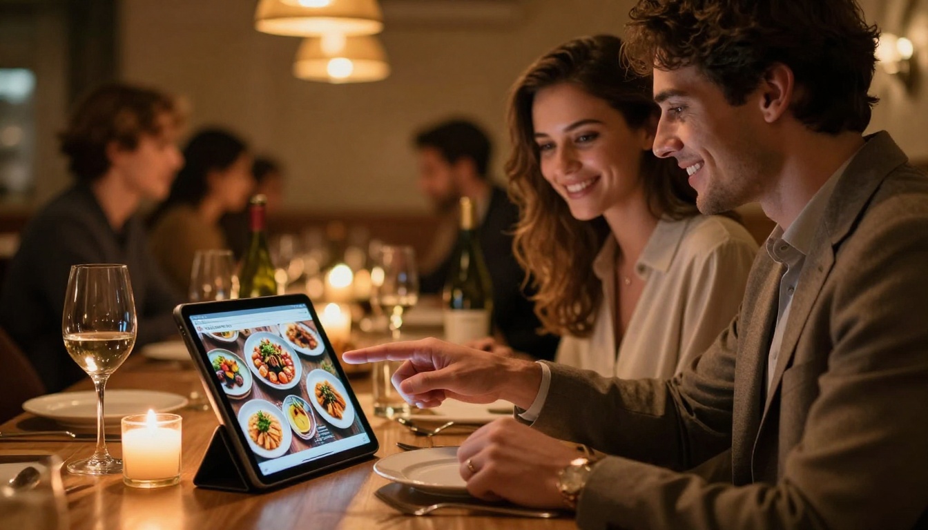 Couple at a candlelit restaurant table viewing a digital menu on a tablet