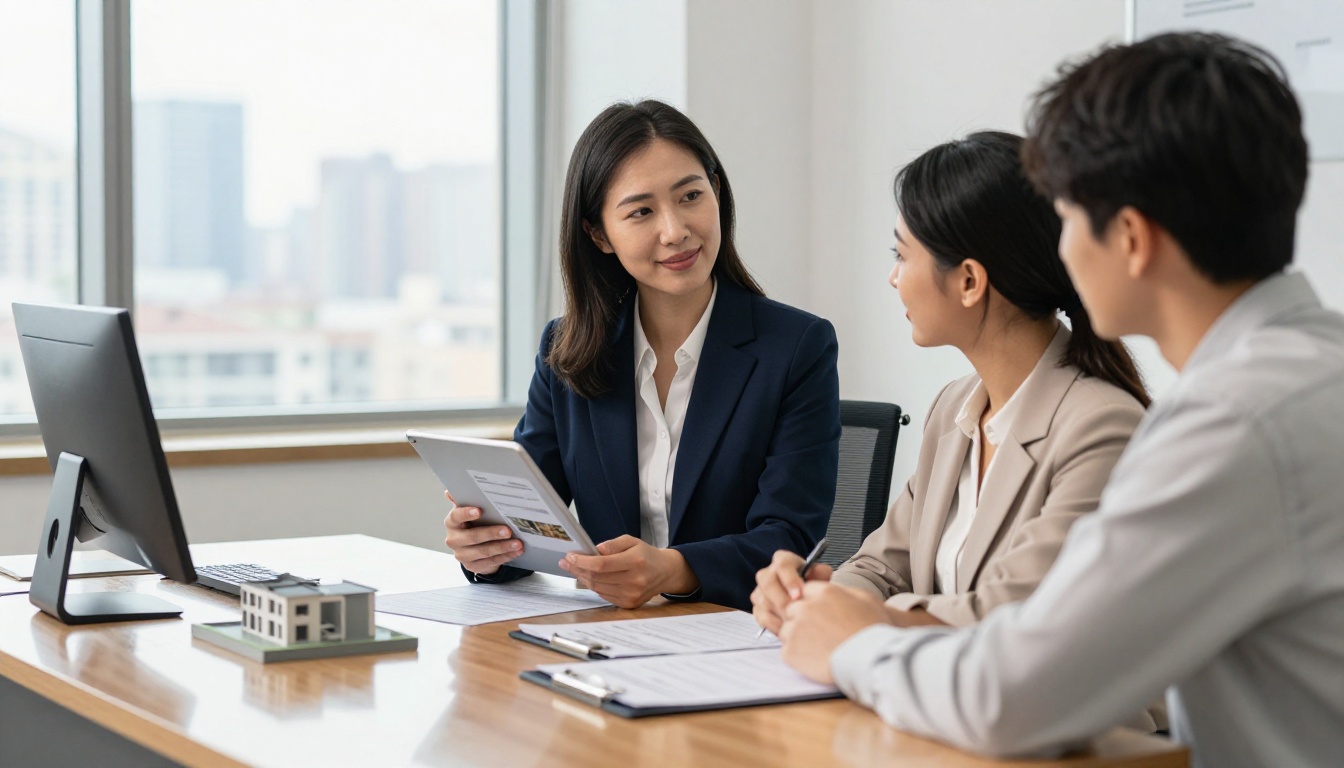 Real estate agent presenting property brochure on a tablet to clients in a bright office