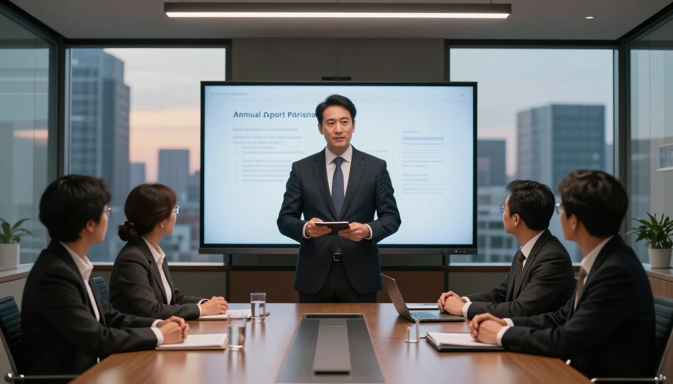 Male executive presenting an interactive corporate annual report in a boardroom setting