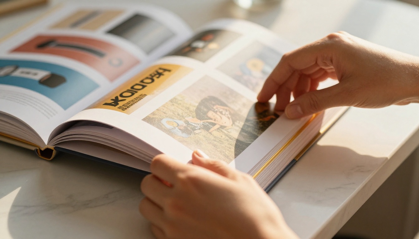 Close-up of a designer's hands turning the pages of a printed portfolio book on a marble table Close-up of a designer's hands turning the pages of a printed portfolio book on a marble table