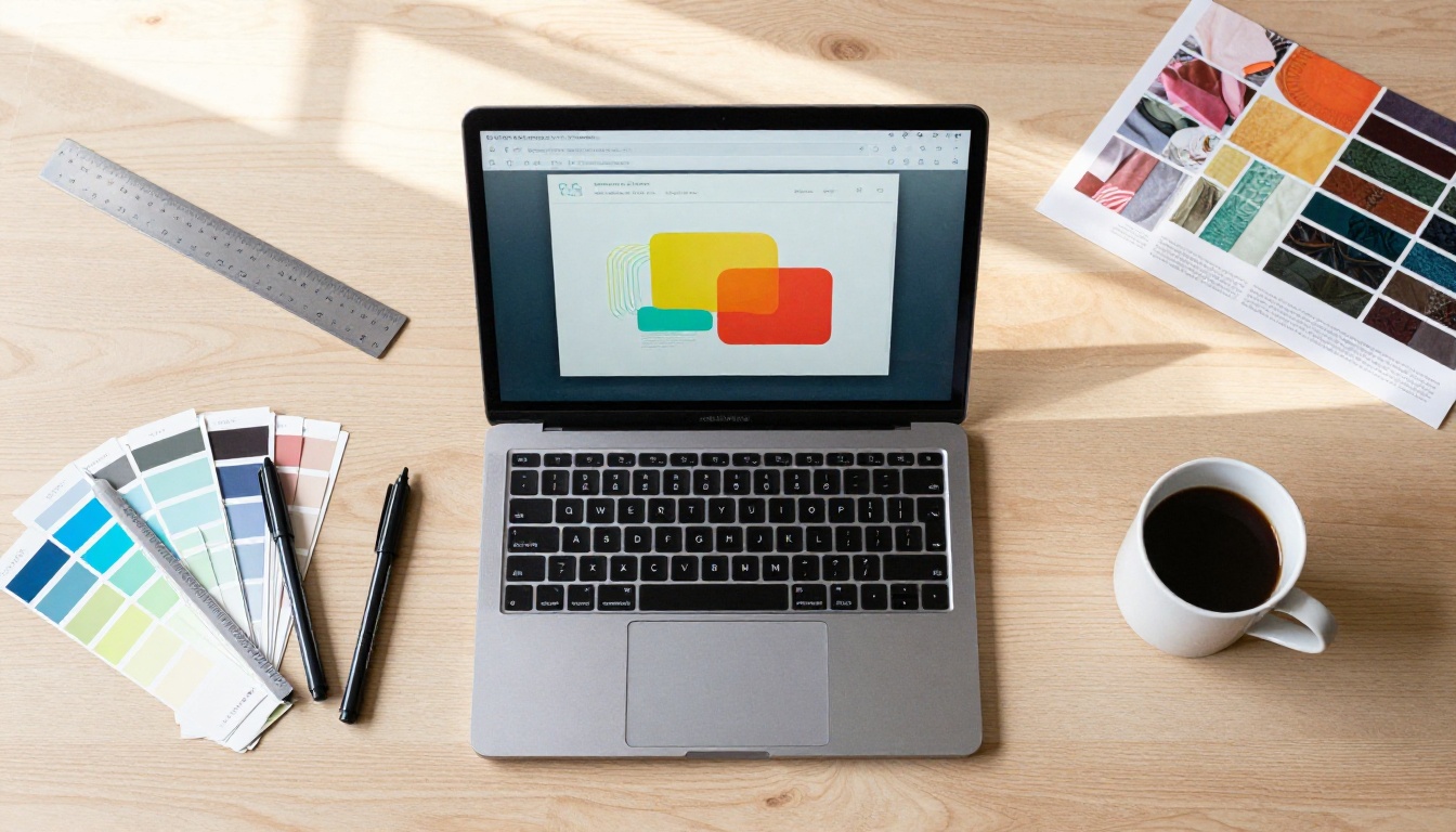 Aerial view of a creative designer's workspace with tools, color swatches, and laptop Aerial view of a creative designer's workspace with tools, color swatches, and laptop