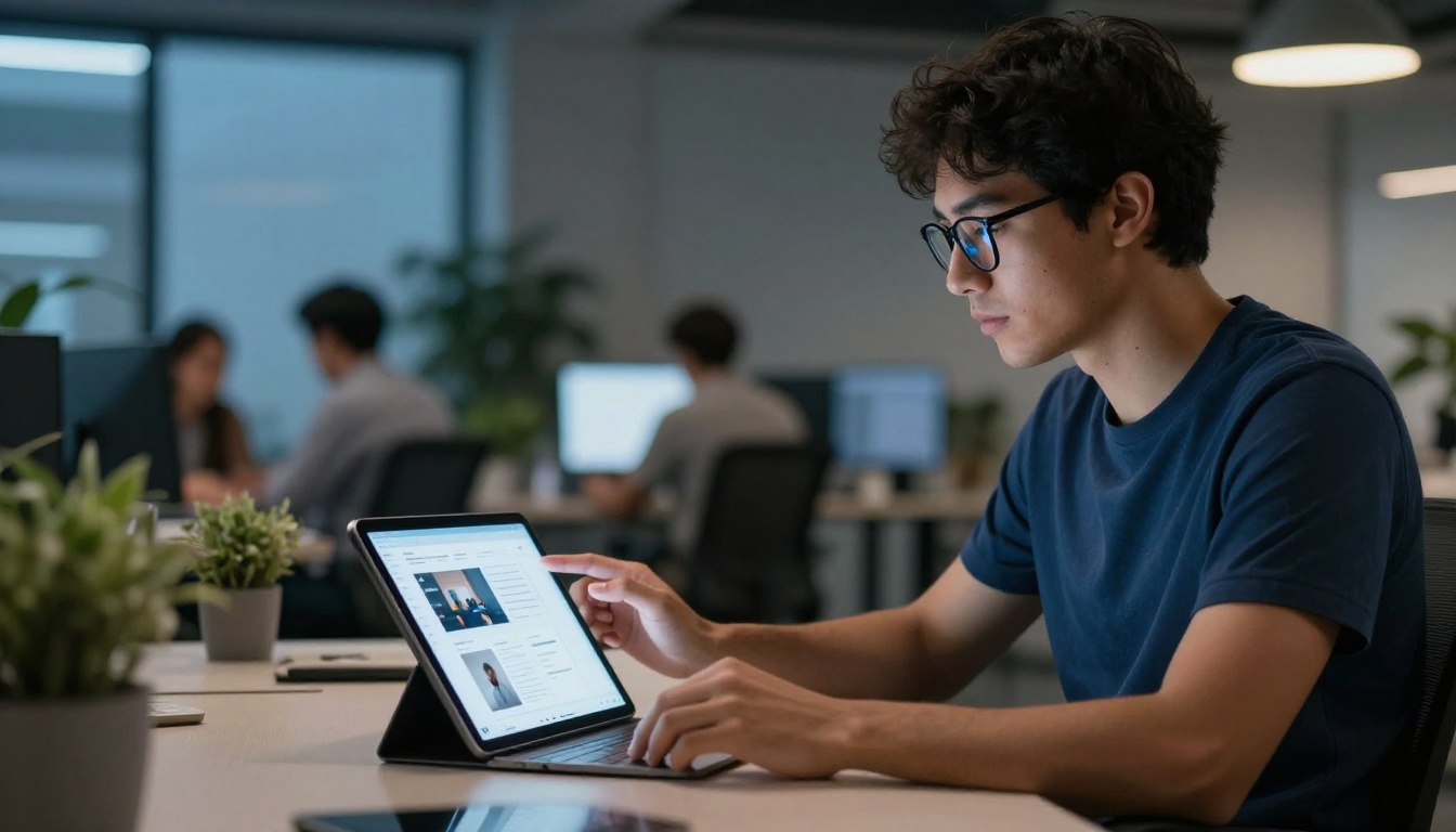 Male UX designer studying an interactive portfolio on a tablet in a modern open-plan office Male UX designer studying an interactive portfolio on a tablet in a modern open-plan office