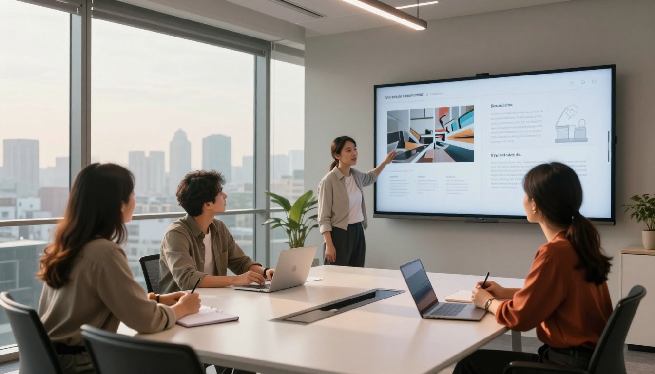 Designer presenting an interactive portfolio flipbook on a large wall-mounted screen in a creative agency meeting room Designer presenting an interactive portfolio flipbook on a large wall-mounted screen in a creative agency meeting room