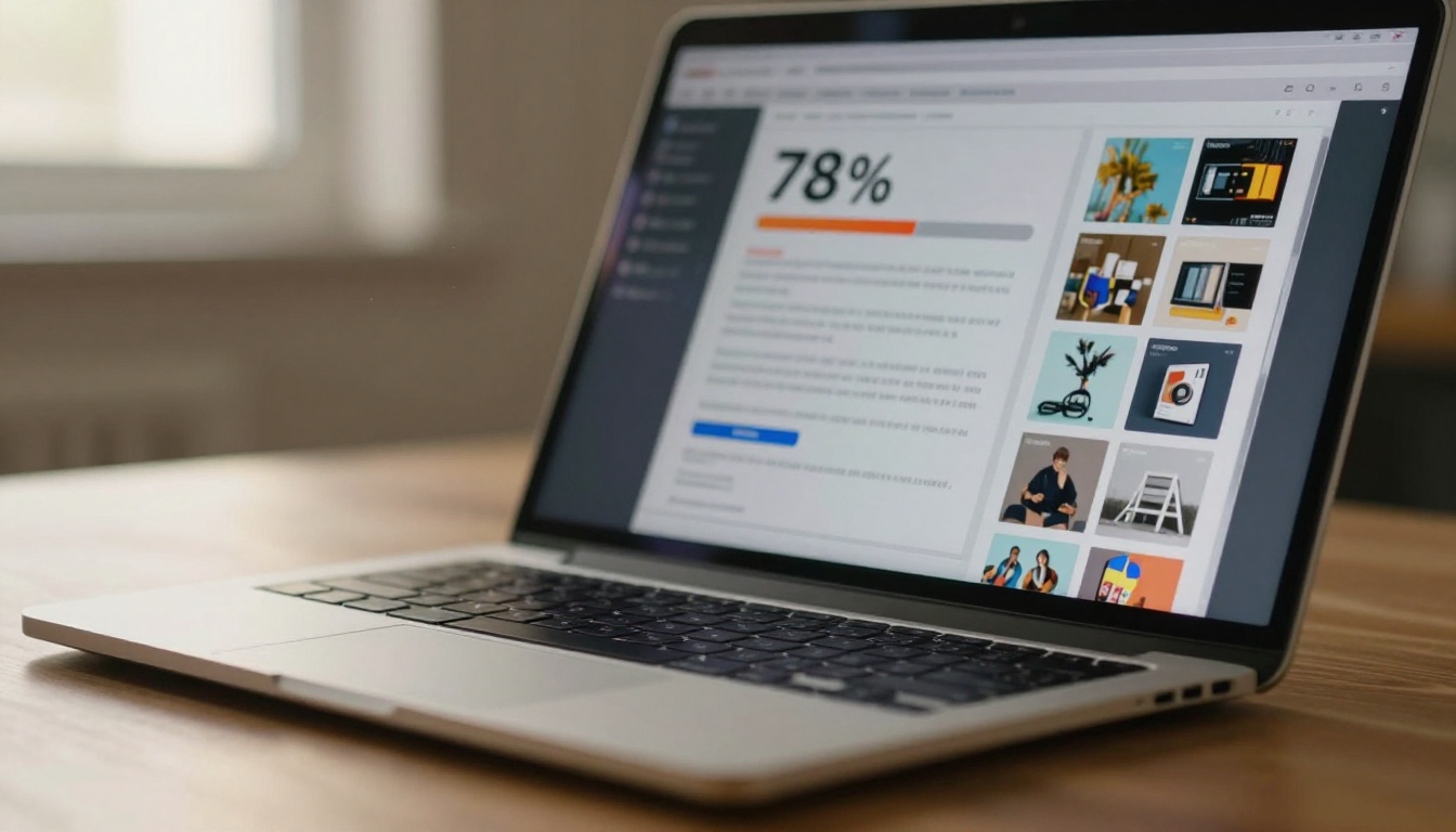Close-up of a laptop screen showing a PDF portfolio being converted to a flipbook with a progress bar Close-up of a laptop screen showing a PDF portfolio being converted to a flipbook with a progress bar
