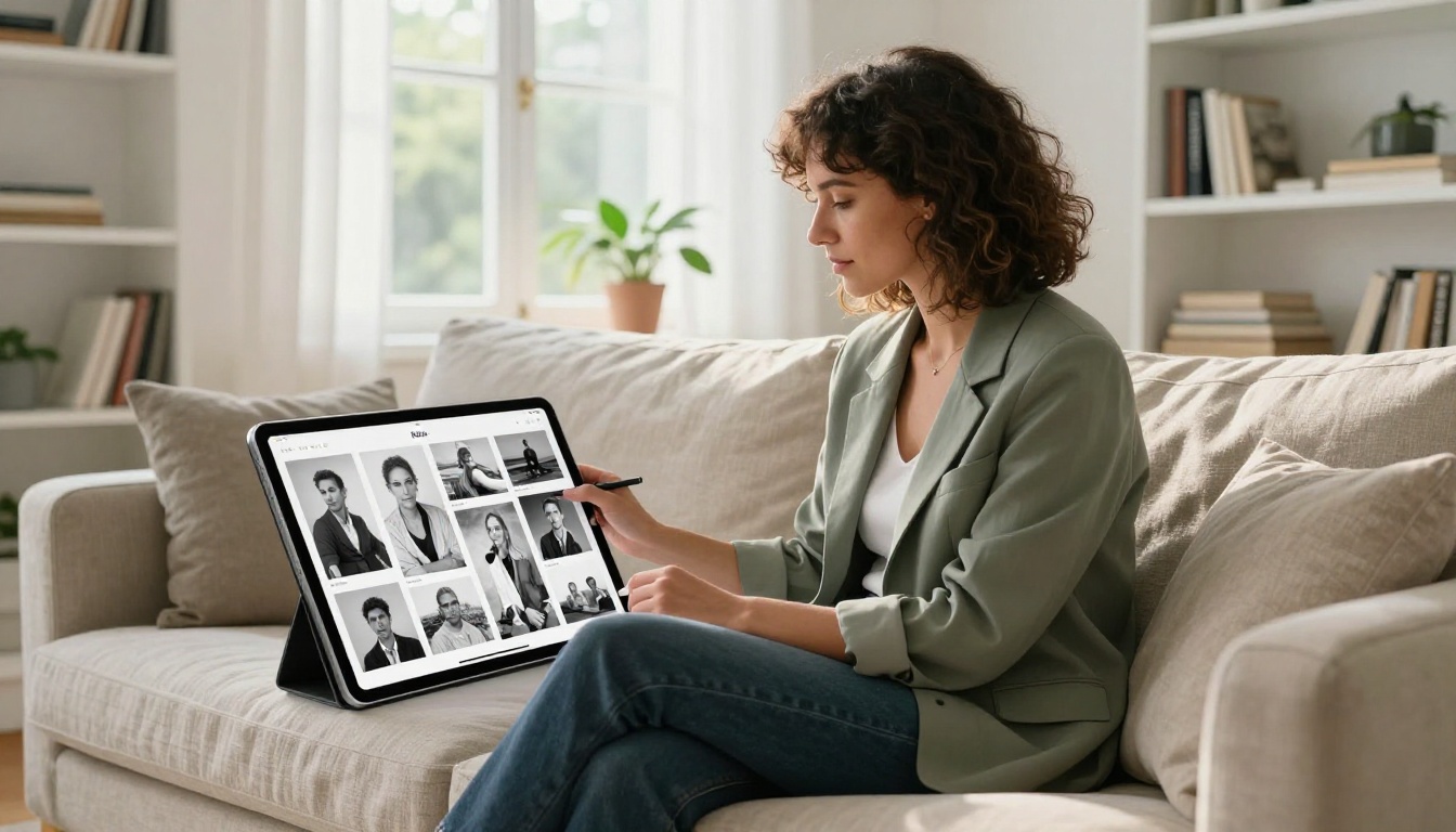 Female photographer reviewing her photography portfolio on an iPad in a bright Scandinavian living room Female photographer reviewing her photography portfolio on an iPad in a bright Scandinavian living room