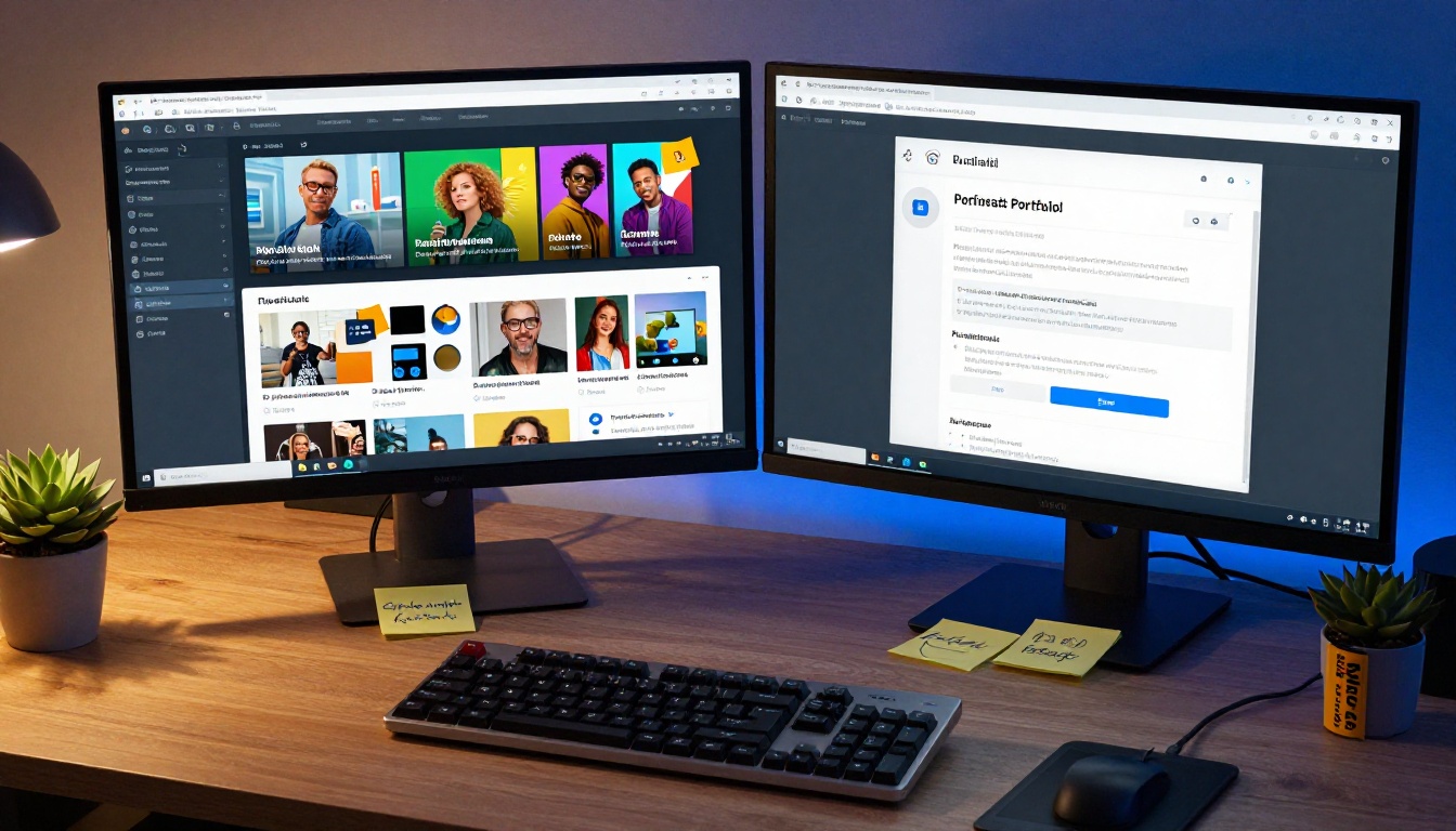 Graphic designer at a dual monitor setup, sharing their interactive portfolio via email Graphic designer at a dual monitor setup, sharing their interactive portfolio via email