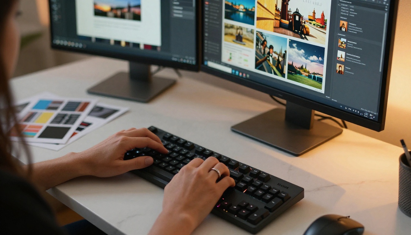 Freelance designer working at desk with portfolio on screen Freelance designer working at desk with portfolio on screen