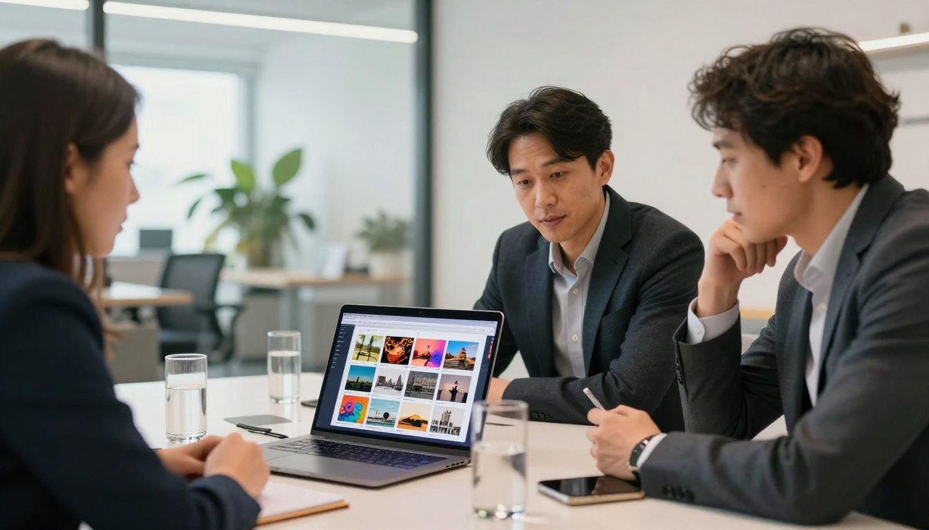 Freelancer presenting digital portfolio to clients at conference table Freelancer presenting digital portfolio to clients at conference table