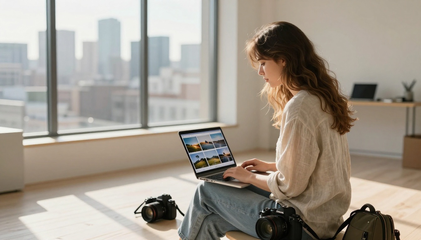 Female freelance photographer reviewing portfolio flipbook at studio window Female freelance photographer reviewing portfolio flipbook at studio window