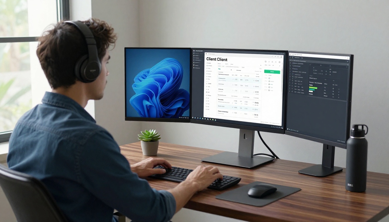 Web developer at standing desk reviewing client proposal on ultrawide monitor Web developer at standing desk reviewing client proposal on ultrawide monitor
