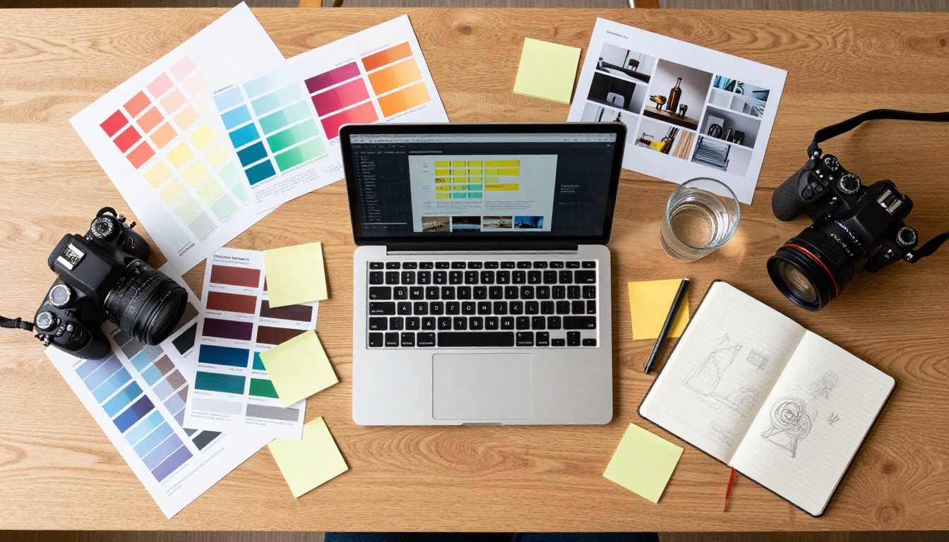 Aerial flat-lay of freelancer's creative workspace with portfolio on laptop Aerial flat-lay of freelancer's creative workspace with portfolio on laptop