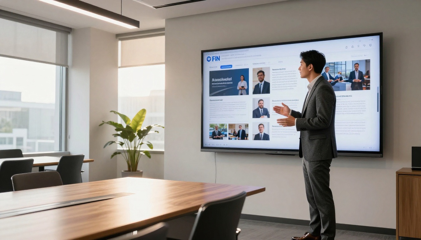 Consultant presenting interactive flipbook on large TV screen in meeting room Consultant presenting interactive flipbook on large TV screen in meeting room
