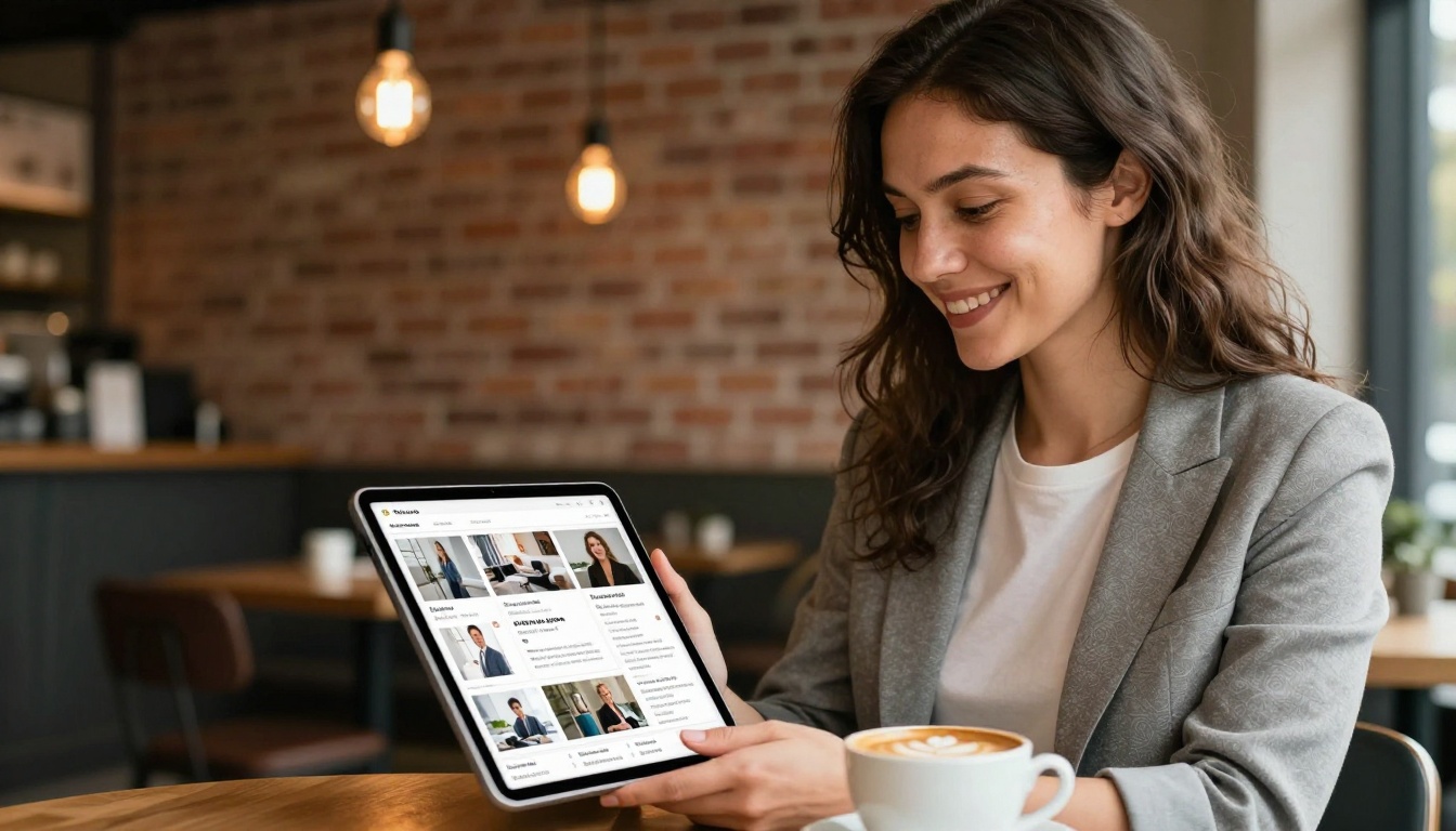Freelance marketing consultant with tablet showing portfolio in a coffee shop Freelance marketing consultant with tablet showing portfolio in a coffee shop