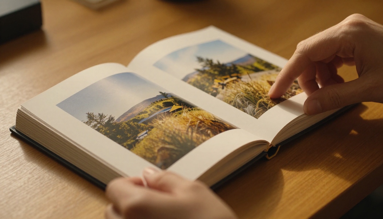 Hands turning the page of a photography portfolio book on a warm wooden desk with golden studio light Hands turning the page of a photography portfolio book on a warm wooden desk with golden studio light