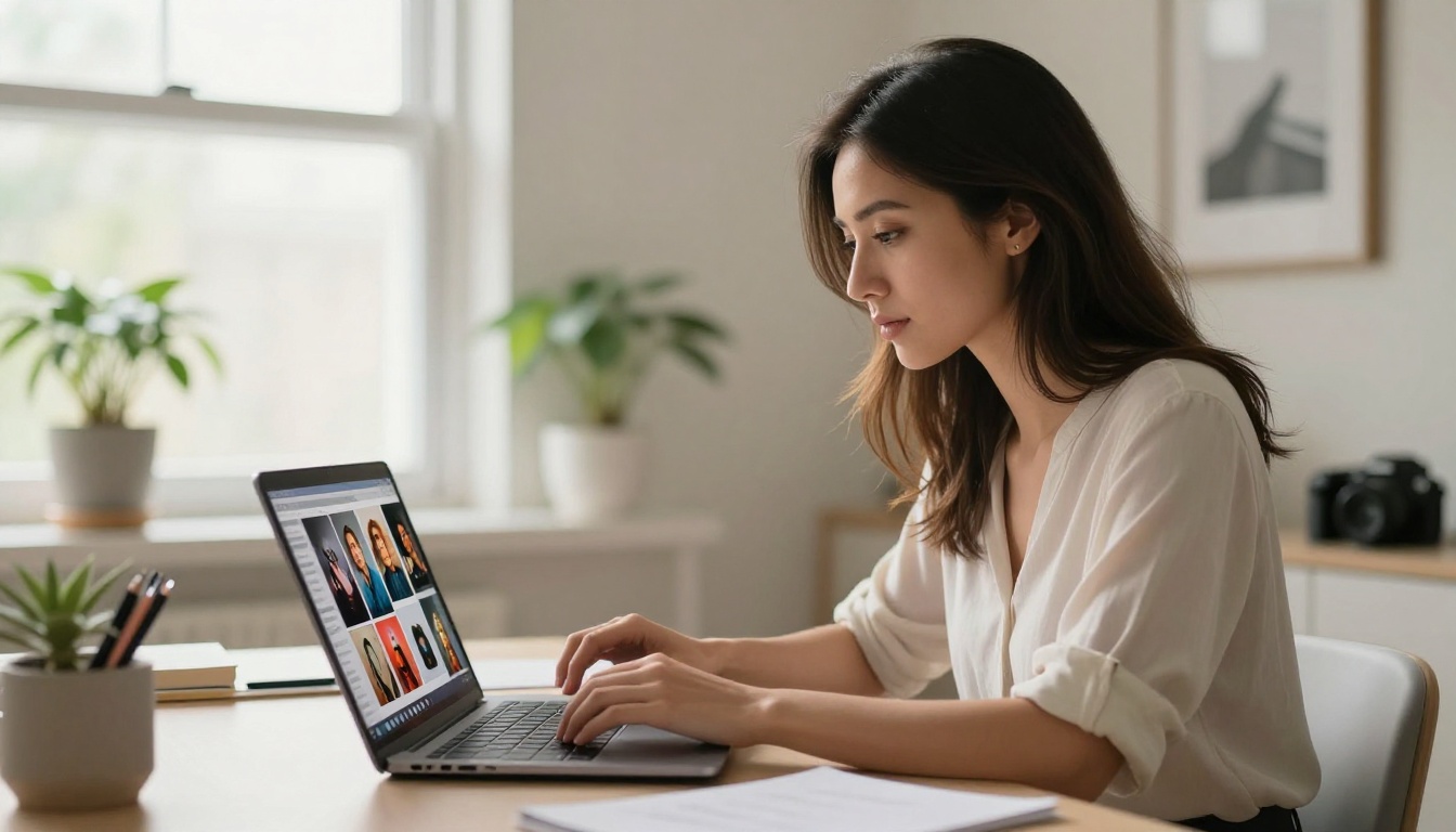 Photography portfolio reviewed on a laptop by a professional photographer in a bright home studio Photography portfolio reviewed on a laptop by a professional photographer in a bright home studio