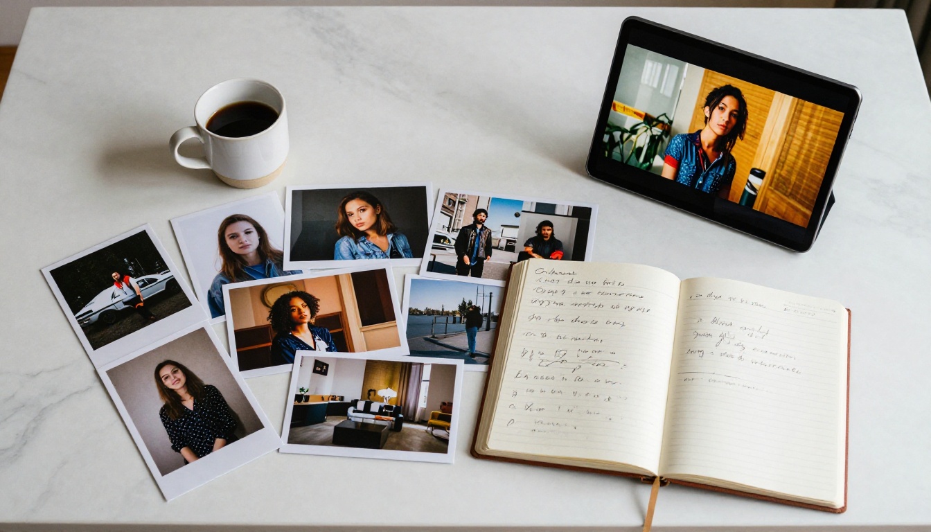 A photography portfolio presentation viewed from above on a white marble desk with a tablet and printed photos arranged A photography portfolio presentation viewed from above on a white marble desk with a tablet and printed photos arranged