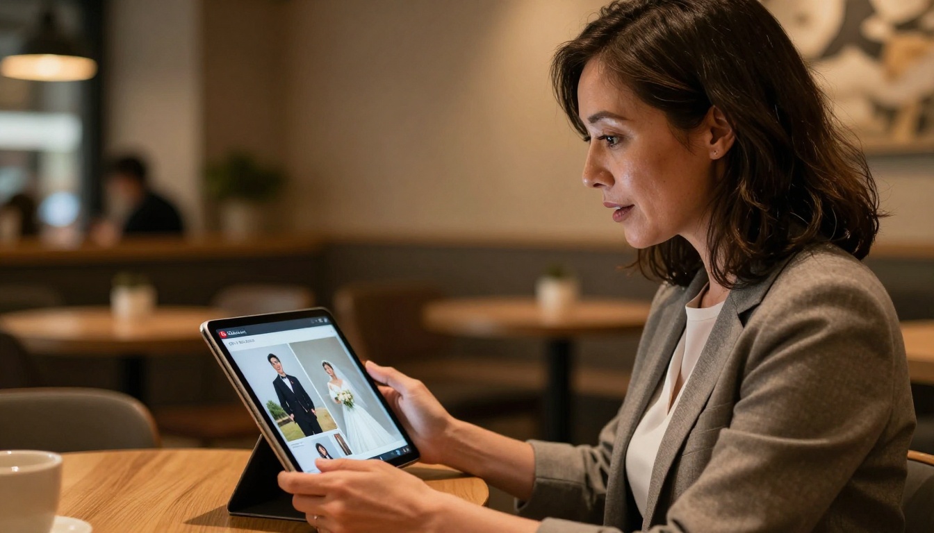 A client reviewing a photography portfolio flipbook on a tablet in a warmly lit cafe setting A client reviewing a photography portfolio flipbook on a tablet in a warmly lit cafe setting