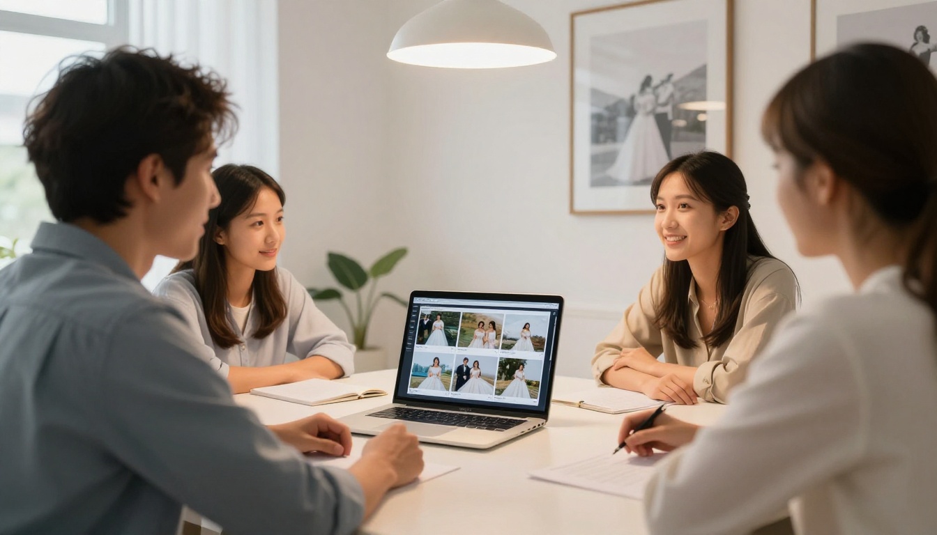 A photographer presenting her flipbook portfolio to a couple in a bright airy modern studio meeting room A photographer presenting her flipbook portfolio to a couple in a bright airy modern studio meeting room