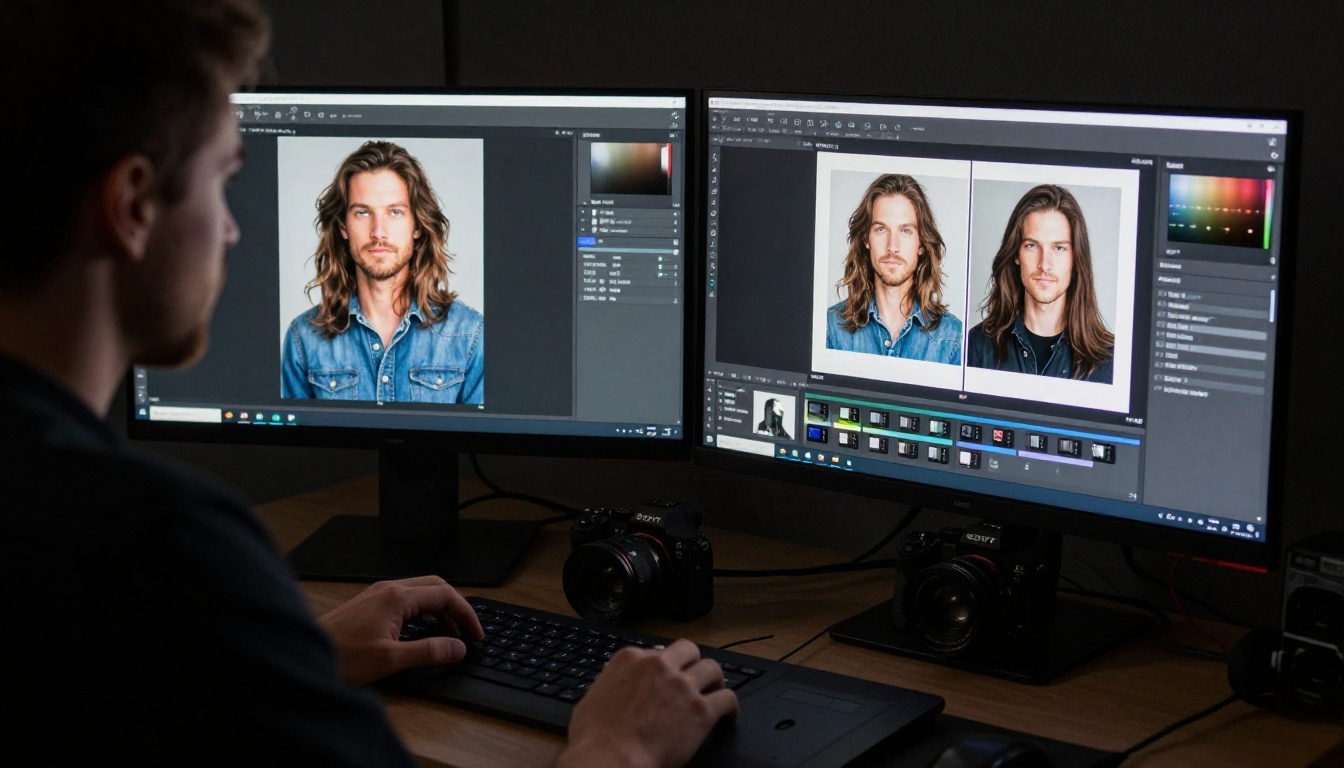A male photographer working at a dual-monitor workstation editing photos and building a digital flipbook portfolio A male photographer working at a dual-monitor workstation editing photos and building a digital flipbook portfolio