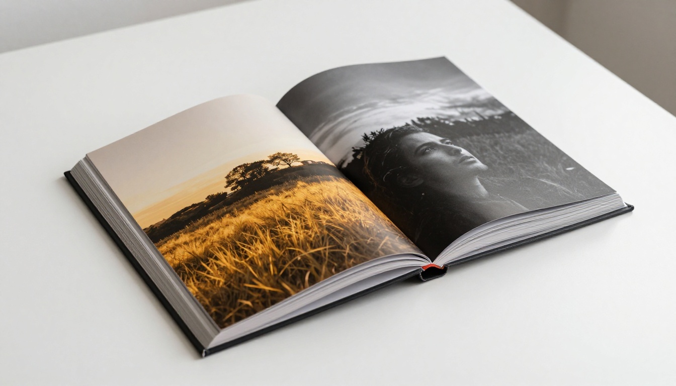 A beautifully printed photography portfolio book resting open on a white table showing vivid landscape and black-and-white portrait spreads A beautifully printed photography portfolio book resting open on a white table showing vivid landscape and black-and-white portrait spreads
