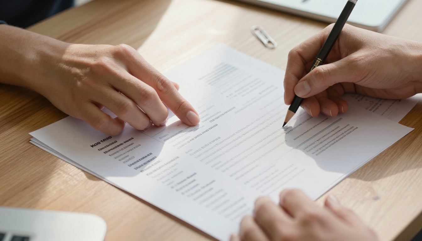 Close-up of well-manicured hands carefully arranging printed portfolio documents and resumes on a polished light wood desk Close-up of well-manicured hands carefully arranging printed portfolio documents and resumes on a polished light wood desk