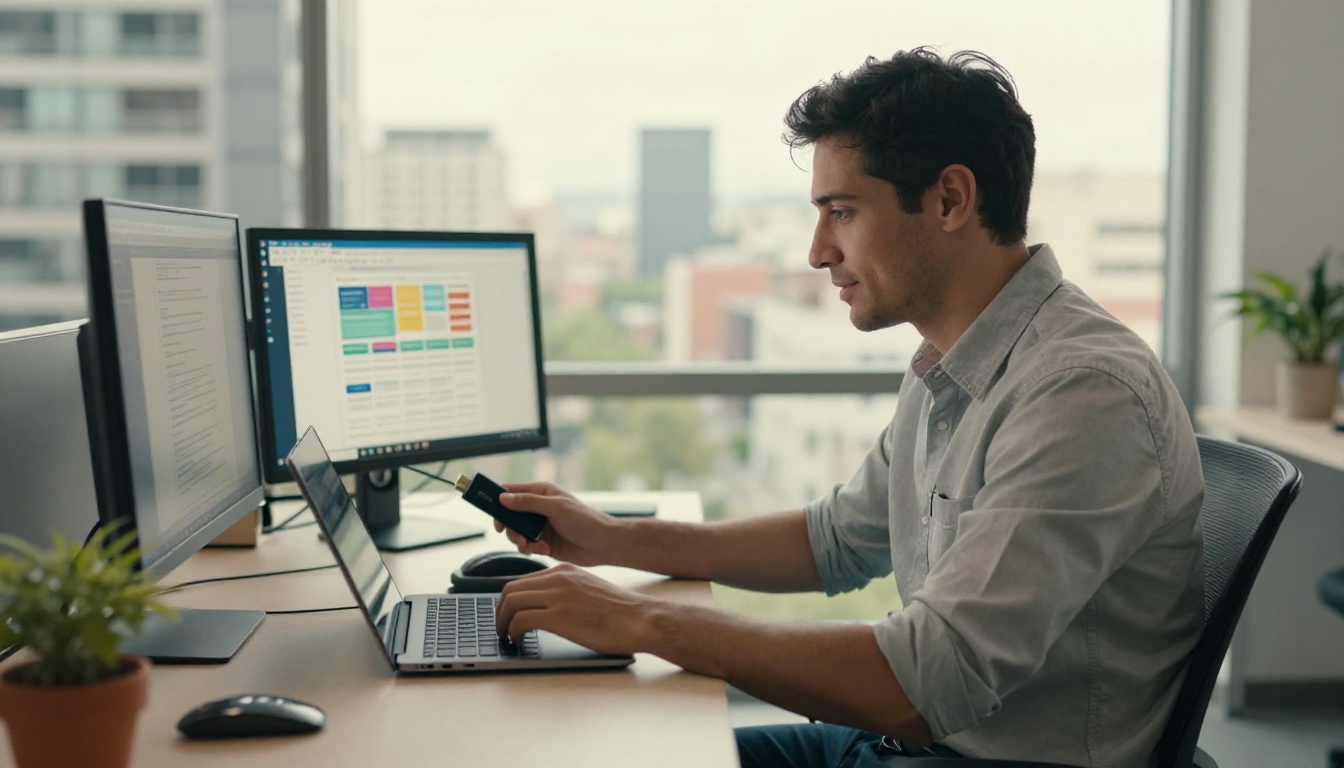 Professional man uploading portfolio files to a laptop at a modern standing desk with blurred city view through large windows Professional man uploading portfolio files to a laptop at a modern standing desk with blurred city view through large windows